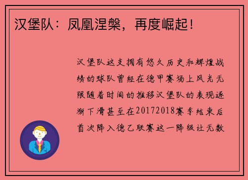 汉堡队：凤凰涅槃，再度崛起！